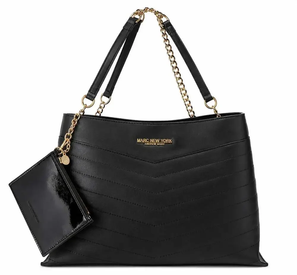 Marc New York Andrew Marc Black Quilted Tote Bag with Chain Straps and Pouch